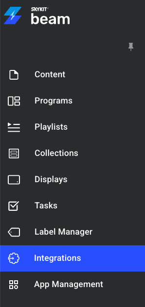 Navigation menu for Skykit Beam with highlighted integrations option.
